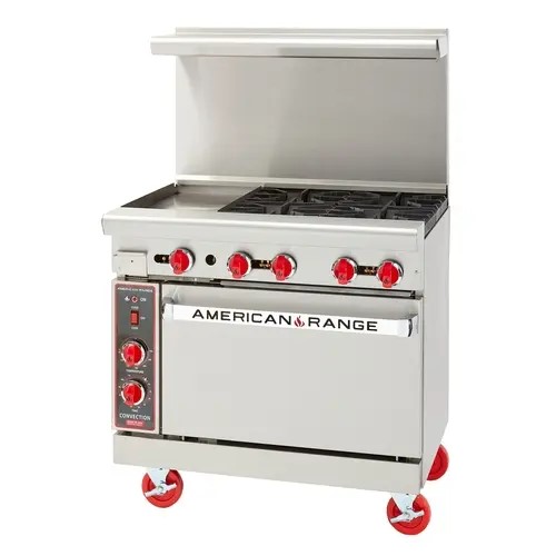 American Range AR-12G-4B Restaurant Ranges, 36(w) inch, (4)Open Burner(s), (12)inch(s) Griddle, (1)Standard Oven(s), Natural Gas, 183k Total BTU/Hr, ETL Listed