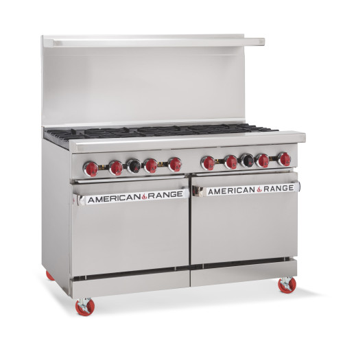 American Range AR-8 Restaurant Ranges, 48(w) inch, (8)Open Burner(s), (2)Space Saving Oven(s), Natural Gas, 310k Total BTU/Hr, ETL Listed