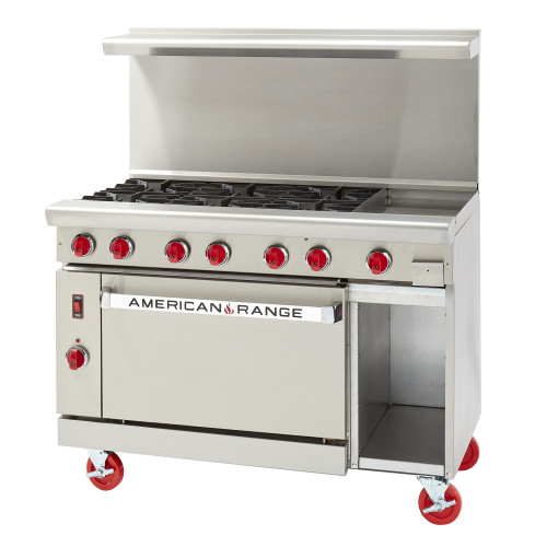 American Range ARGF-24G-4B-126L Restaurant Ranges, 48(w) inch, Green Flame, (4)Open Burner(s), (24)inch(s) Griddle, (1)Standard Oven(s), (11)inch(s) Storage Base, Natural Gas, 195k Total BTU/Hr, ETL Listed