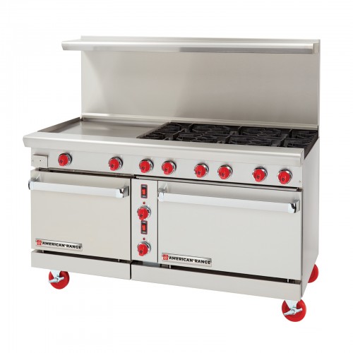 American Range ARGF-36G-4B-126L Restaurant Ranges, 60(w) inch, Green Flame, (4)Open Burner(s), (1)36 inch Griddle(s), (2)Standard Oven(s), Natural Gas, 203k Total BTU/Hr, ETL Listed