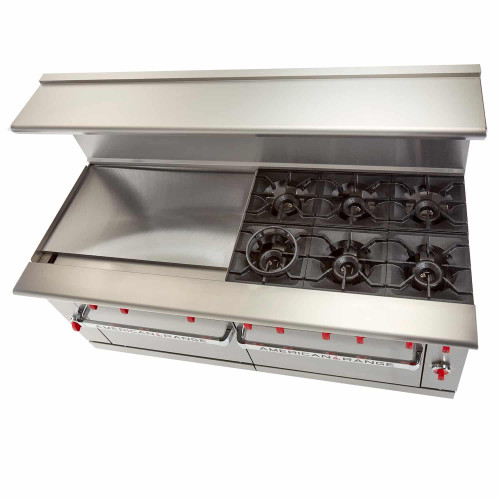 American Range ARGF-48G-4B Restaurant Ranges, 72(w) inch, Green Flame, (4)Open Burner(s), (48)inch(s) Griddle, (2)Standard Oven(s), Natural Gas, 250k Total BTU/Hr, ETL Listed