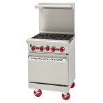 American Range ARGF-4 Restaurant Ranges, Green Flame, 24(w) inch, (4)Open Burner(s), (1)Standard Oven(s), Natural Gas, 127k Total BTU/Hr, ETL Listed