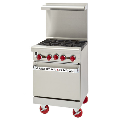 American Range ARGF-4 Restaurant Ranges, Green Flame, 24(w) inch, (4)Open Burner(s), (1)Standard Oven(s), Natural Gas, 127k Total BTU/Hr, ETL Listed