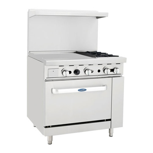 Atosa AGR-2B24GL-NG 36(w) inch Gas Range with (2)Open Burner(s) and 24 inch Left Griddle, (1)Standard Oven Burner(s),  Natural Gas, 136k Total BTU/hr, Casters, ETL Listed