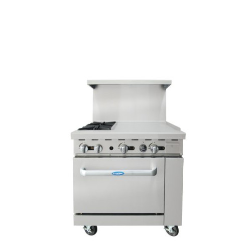 Atosa AGR-2B24GR-NG 36(w) inch Gas Range with (2)Open Burner(s) and 24 inch Right Griddle, (1)Standard Oven Burner(s) Gas Range, Natural Gas, 136k Total BTU/hr, Casters, ETL Listed