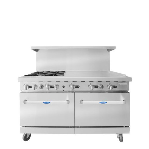 Atosa AGR-4B36GR-LP 60(w) inch Gas Range, (4)Open Burner(s) w/ 36 inch Right Griddle and (2)Standard Oven Burner(s),Liquid Propane, 257k Total BTU/hr, Casters, ETL Listed