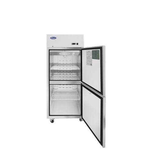 Atosa MBF8010GR 28-3/4(w) inch Top Mount Reach-In Upright Refrigerator, (2)Divided Solid Swing Door(s), Right Hinged, 21.4Cu.ft, (3)Shelve(s), 1/7hp, 115v/60/1-ph, Casters, ETL Listed, Energy Star