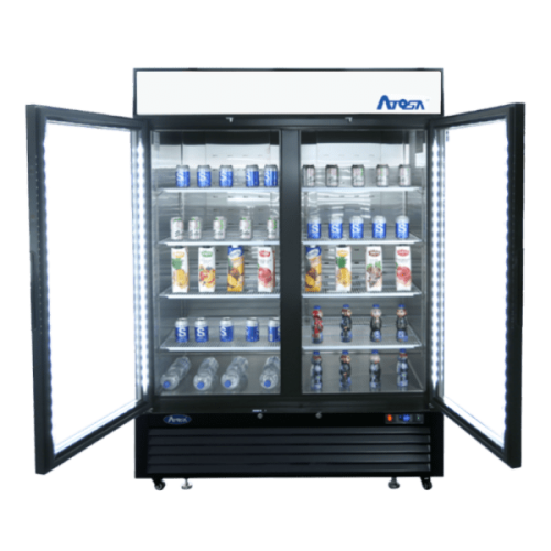 Atosa MCF8721ES 54-2/5(w) inch Bottom Mount Merchandiser Freezer, (2)Glass Swing Door(s), (8)Shelve(s), Black Exterior, 43.8Cu.ft, 3/4hp, 115v/60/1-ph, ETL Listed, Energy Star