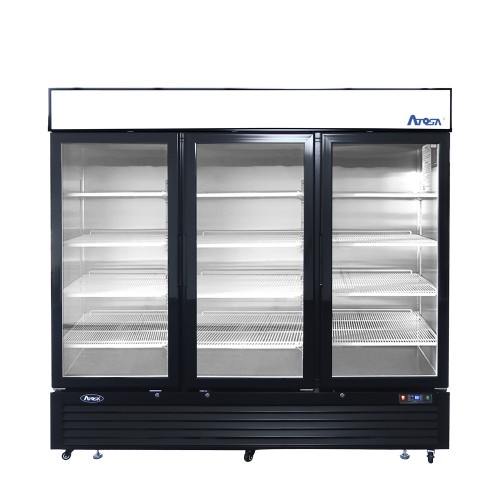 Atosa MCF8724GR 81-9/10(w) inch Bottom Mount Merchandiser Cooler, (3)Glass Swing Door(s), Black Exterior Color, 69.5Cu.ft, (12)Shelve(s), 1/4hp, 115v/60/1-ph, ETL Listed, Energy Star