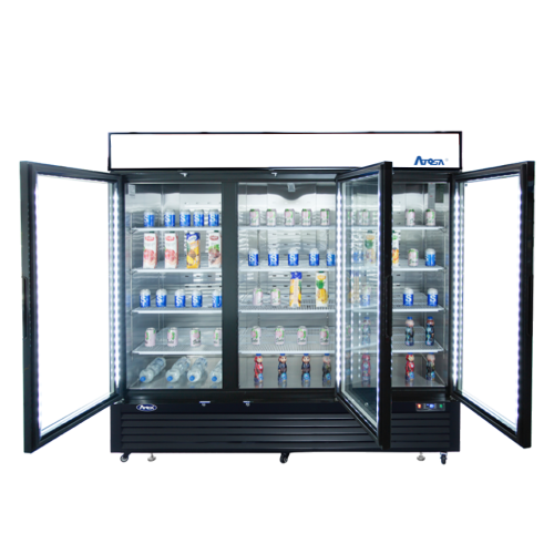 Atosa MCF8724GR 81-9/10(w) inch Bottom Mount Merchandiser Cooler, (3)Glass Swing Door(s), Black Exterior Color, 69.5Cu.ft, (12)Shelve(s), 1/4hp, 115v/60/1-ph, ETL Listed, Energy Star