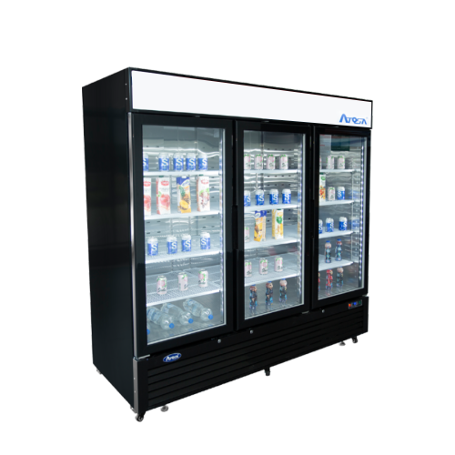 Atosa MCF8724GR 81-9/10(w) inch Bottom Mount Merchandiser Cooler, (3)Glass Swing Door(s), Black Exterior Color, 69.5Cu.ft, (12)Shelve(s), 1/4hp, 115v/60/1-ph, ETL Listed, Energy Star