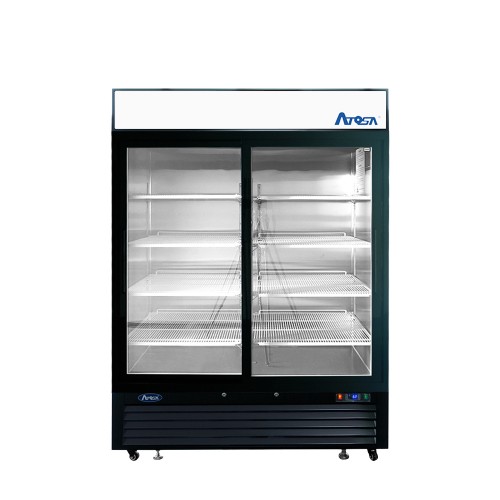 Atosa MCF8727GR 54-2/5(w) inch Bottom Mount Merchandiser Refrigerator, (2)Sliding Glass Door(s), Black Exterior Color, 44.9Cu.ft, (8)Shelve(s), 1/4hp, 115v/60/1-ph, ETL Listed