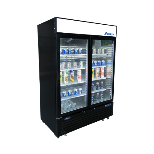 Atosa MCF8727GR 54-2/5(w) inch Bottom Mount Merchandiser Refrigerator, (2)Sliding Glass Door(s), Black Exterior Color, 44.9Cu.ft, (8)Shelve(s), 1/4hp, 115v/60/1-ph, ETL Listed