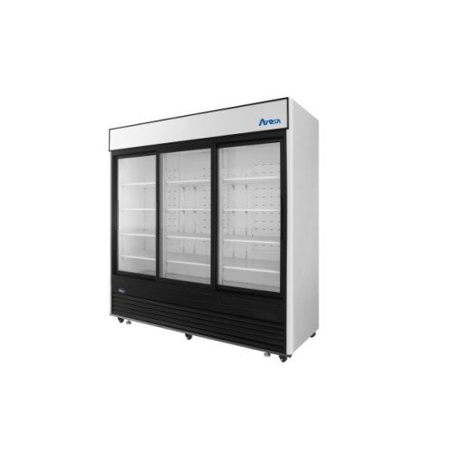 Atosa MCF8729GR 87-7/8(w) inch Bottom Mount Merchandiser Cooler, (3)Glass Sliding Door(s), Black Exterior Color, 64.4Cu.ft, (12)Shelve(s), 1/2hp, 115v/60/1-ph, ETL Listed