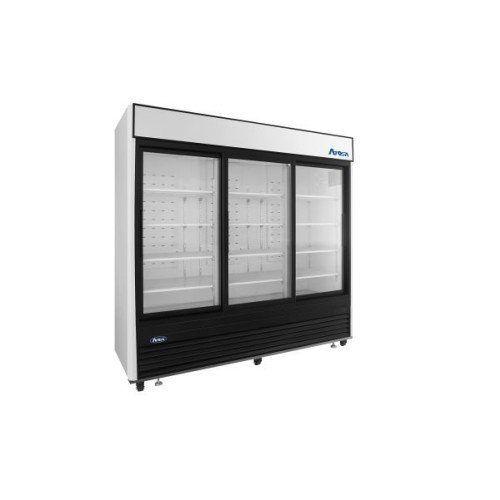 Atosa MCF8729GR 87-7/8(w) inch Bottom Mount Merchandiser Cooler, (3)Glass Sliding Door(s), Black Exterior Color, 64.4Cu.ft, (12)Shelve(s), 1/2hp, 115v/60/1-ph, ETL Listed