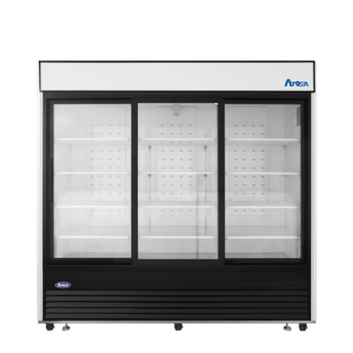 Atosa MCF8729GR 87-7/8(w) inch Bottom Mount Merchandiser Cooler, (3)Glass Sliding Door(s), Black Exterior Color, 64.4Cu.ft, (12)Shelve(s), 1/2hp, 115v/60/1-ph, ETL Listed