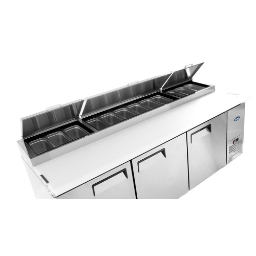 Atosa MPF8203GR Refrigerated Pizza Sandwich Prep Table, 93(w) inch, (3)Door(s), 28.4Cu.ft, (6)Shelve(s), 1/4hp, 115v/60/1-ph, Casters, ETL Listed