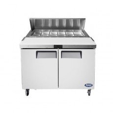 Atosa MSF8302GR 48-1/5(w) inch Refrigerated Standard Top Sandwich Prep Table, (2)Solid Swing Door(s), (12)1/6 Poly Pan(s), (2)Shelve(s), 13.4Cu.ft, 1/7hp, 115v/60/1-ph, ETL Listed