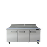 Atosa MSF8304GR 72-7/10(w) inch Refrigerated Standard Top Sandwich Prep Table, (3)Solid Swing Door(s), (18)1/6 Poly Pan(s), (3)Shelve(s), 21.1Cu.ft, 1/5hp, 115v/60/1-ph, ETL Listed 