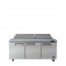 Atosa MSF8304GR 72-7/10(w) inch Refrigerated Standard Top Sandwich Prep Table, (3)Solid Swing Door(s), (18)1/6 Poly Pan(s), (3)Shelve(s), 21.1Cu.ft, 1/5hp, 115v/60/1-ph, ETL Listed 