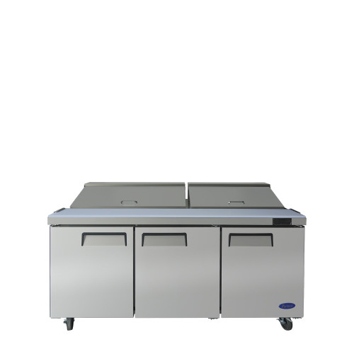 Atosa MSF8304GR 72-7/10(w) inch Refrigerated Standard Top Sandwich Prep Table, (3)Solid Swing Door(s), (18)1/6 Poly Pan(s), (3)Shelve(s), 21.1Cu.ft, 1/5hp, 115v/60/1-ph, ETL Listed 