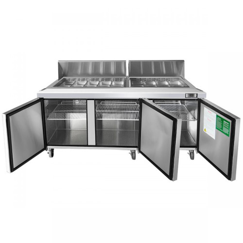 Atosa MSF8304GR 72-7/10(w) inch Refrigerated Standard Top Sandwich Prep Table, (3)Solid Swing Door(s), (18)1/6 Poly Pan(s), (3)Shelve(s), 21.1Cu.ft, 1/5hp, 115v/60/1-ph, ETL Listed 