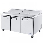 Atosa MSF8304GR 72-7/10(w) inch Refrigerated Standard Top Sandwich Prep Table, (3)Solid Swing Door(s), (18)1/6 Poly Pan(s), (3)Shelve(s), 21.1Cu.ft, 1/5hp, 115v/60/1-ph, ETL Listed 