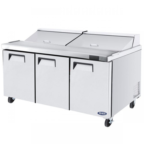 Atosa MSF8304GR 72-7/10(w) inch Refrigerated Standard Top Sandwich Prep Table, (3)Solid Swing Door(s), (18)1/6 Poly Pan(s), (3)Shelve(s), 21.1Cu.ft, 1/5hp, 115v/60/1-ph, ETL Listed 