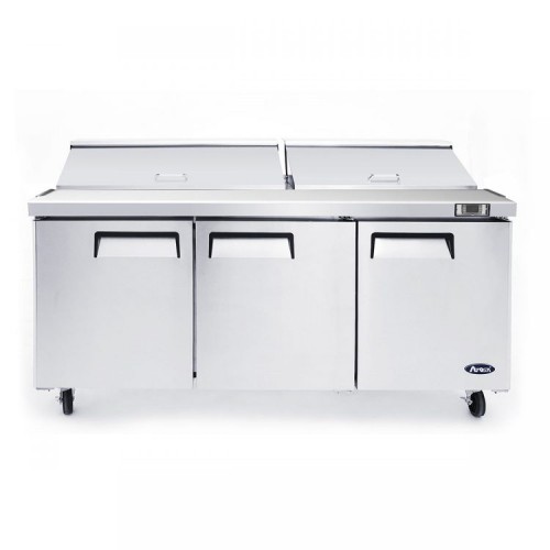 Atosa MSF8304GR 72-7/10(w) inch Refrigerated Standard Top Sandwich Prep Table, (3)Solid Swing Door(s), (18)1/6 Poly Pan(s), (3)Shelve(s), 21.1Cu.ft, 1/5hp, 115v/60/1-ph, ETL Listed 