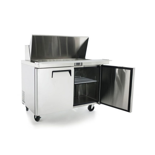 Atosa MSF8306GR 48-1/5(w) inch Refrigerated Mega Top Sandwich Prep. Table, (2)Solid Swing Door(s), (2)Shelve(s), (18)1/6 Poly Pan(s), 13.4Cu.ft, 1/7hp, 115v/60/1, ETL Listed 