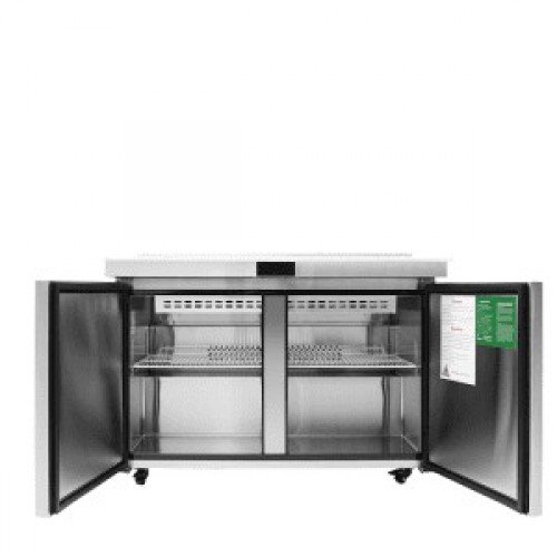 Atosa MSF8306GR-NTCV 48-1/5(w) inch Refrigerated Mega Top Salad/Sandwich Prep Table w/ Night Cover, (2)Solid Swing Door(s), (2)Shelve(s), (18)1/6 Poly Pan(s), 13.4Cu.ft, 1/7hp, 115v/60/1-ph, ETL Listed 