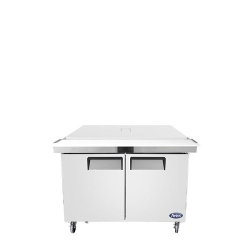 Atosa MSF8306GR-NTCV 48-1/5(w) inch Refrigerated Mega Top Salad/Sandwich Prep Table w/ Night Cover, (2)Solid Swing Door(s), (2)Shelve(s), (18)1/6 Poly Pan(s), 13.4Cu.ft, 1/7hp, 115v/60/1-ph, ETL Listed 