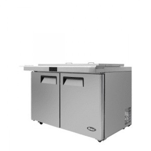 Atosa MSF8306GR-NTCV 48-1/5(w) inch Refrigerated Mega Top Salad/Sandwich Prep Table w/ Night Cover, (2)Solid Swing Door(s), (2)Shelve(s), (18)1/6 Poly Pan(s), 13.4Cu.ft, 1/7hp, 115v/60/1-ph, ETL Listed 