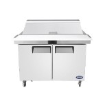 Atosa MSF8306GR 48-1/5(w) inch Refrigerated Mega Top Sandwich Prep. Table, (2)Solid Swing Door(s), (2)Shelve(s), (18)1/6 Poly Pan(s), 13.4Cu.ft, 1/7hp, 115v/60/1, ETL Listed 