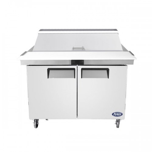 Atosa MSF8306GR 48-1/5(w) inch Refrigerated Mega Top Sandwich Prep. Table, (2)Solid Swing Door(s), (2)Shelve(s), (18)1/6 Poly Pan(s), 13.4Cu.ft, 1/7hp, 115v/60/1, ETL Listed 