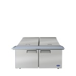 Atosa MSF8307GR 60-1/5(w) inch Refrigerated Mega Top Sandwich Prep Table, (2)Solid Swing Door(s), (2)Shelve(s), (24)1/6 Poly Pan(s), 17.2Cu.ft, 1/5hp, 115v/60/1-ph, ETL Listed 