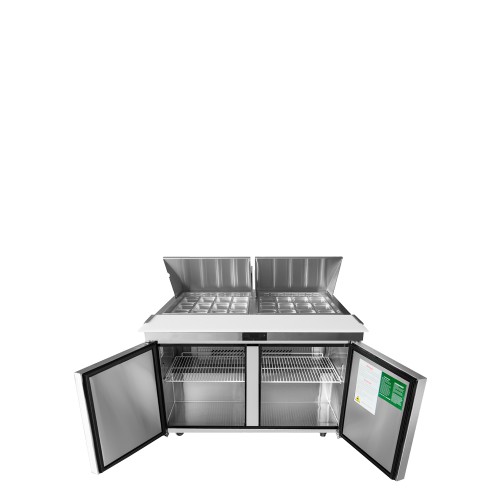 Atosa MSF8307GR 60-1/5(w) inch Refrigerated Mega Top Sandwich Prep Table, (2)Solid Swing Door(s), (2)Shelve(s), (24)1/6 Poly Pan(s), 17.2Cu.ft, 1/5hp, 115v/60/1-ph, ETL Listed 