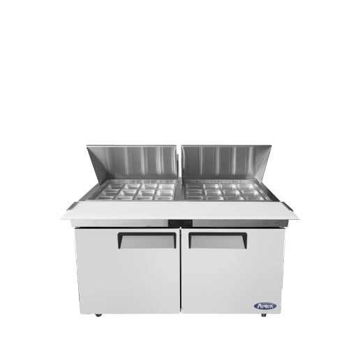 Atosa MSF8307GR 60-1/5(w) inch Refrigerated Mega Top Sandwich Prep Table, (2)Solid Swing Door(s), (2)Shelve(s), (24)1/6 Poly Pan(s), 17.2Cu.ft, 1/5hp, 115v/60/1-ph, ETL Listed 