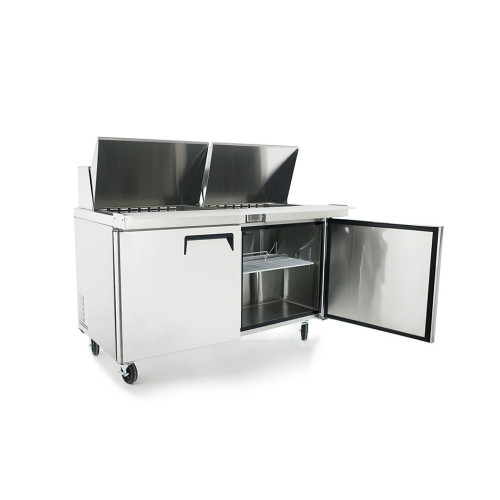 Atosa MSF8307GR 60-1/5(w) inch Refrigerated Mega Top Sandwich Prep Table, (2)Solid Swing Door(s), (2)Shelve(s), (24)1/6 Poly Pan(s), 17.2Cu.ft, 1/5hp, 115v/60/1-ph, ETL Listed 