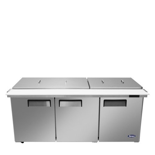 Atosa MSF8308GR-NTCV 72-7/10(w) inch Refrigerated Mega Top Salad/Sandwich Prep Table w/ Night Cover, (3)Solid Swing Door(s), (3)Shelve(s), (30)1/6 Poly Pan(s), 21.1Cu.ft, 1/5hp, 115v/60/1-ph, ETL Listed 