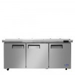 Atosa MSF8308GR-NTCV 72-7/10(w) inch Refrigerated Mega Top Salad/Sandwich Prep Table w/ Night Cover, (3)Solid Swing Door(s), (3)Shelve(s), (30)1/6 Poly Pan(s), 21.1Cu.ft, 1/5hp, 115v/60/1-ph, ETL Listed 