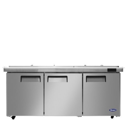 Atosa MSF8308GR-NTCV 72-7/10(w) inch Refrigerated Mega Top Salad/Sandwich Prep Table w/ Night Cover, (3)Solid Swing Door(s), (3)Shelve(s), (30)1/6 Poly Pan(s), 21.1Cu.ft, 1/5hp, 115v/60/1-ph, ETL Listed 
