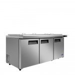 Atosa MSF8308GR-NTCV 72-7/10(w) inch Refrigerated Mega Top Salad/Sandwich Prep Table w/ Night Cover, (3)Solid Swing Door(s), (3)Shelve(s), (30)1/6 Poly Pan(s), 21.1Cu.ft, 1/5hp, 115v/60/1-ph, ETL Listed 
