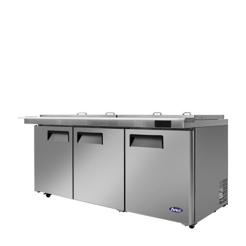 Atosa MSF8308GR-NTCV 72-7/10(w) inch Refrigerated Mega Top Salad/Sandwich Prep Table w/ Night Cover, (3)Solid Swing Door(s), (3)Shelve(s), (30)1/6 Poly Pan(s), 21.1Cu.ft, 1/5hp, 115v/60/1-ph, ETL Listed 