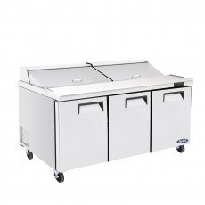 Atosa MSF8308GR 72-7/10(w) inch Refrigerated Mega Top Sandwich Prep. Table, (3)Solid Swing Door(s), (3)Shelve(s), (30)1/6 Poly Pan(s), 21.1Cu.ft, 1/5hp, 115v/60/1-ph, ETL Listed 