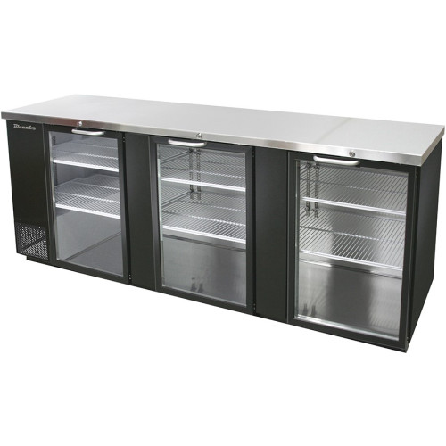 Blue Air BBB90-4BG-HC 90-3/8(w) inch (3)Glass Door(s) Back Bar Cooler, Black Finish Exterior, (6)Shelve(s), 31.6Cu.ft, 3/8hp, 115v/60/1-ph, ETL Listed