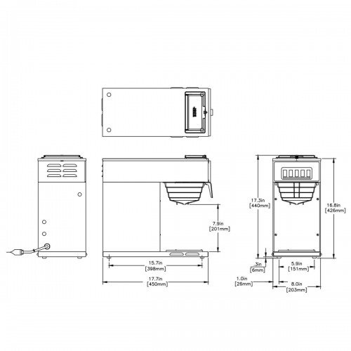 BUNN 13300-0001 VP17-1 Pourover Coffee Brewer, Not Plumbed, (12)Cup(s), (1)Warmer(s), 1600w, 13.3amps, 120v/60/1-ph, UL/NSF Listed