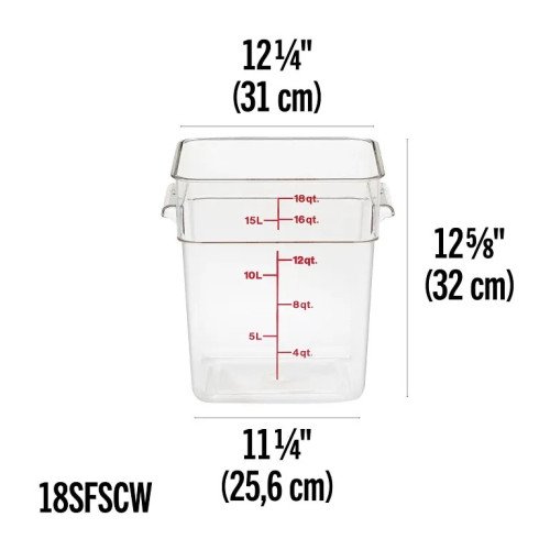 Cambro Camwear® 18SFSCW135 CamSquare Food Storage Containers, 18qt, Clear, Polycarbonate, 12-1/4(w) x 12-1/4(d) x 12-5/8(h) inch, NSF Listed - 6 each