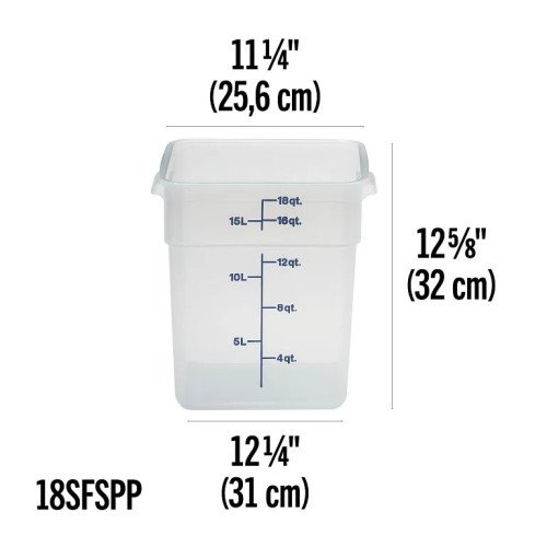 Cambro 18SFSPP190 CamSquares® Storage Container, 18qt, Square, Translucent, Polypropylene, 11-1/4(w) x 12-1/4(d) x 12-5/8(h) inch, NSF Listed - 6 each