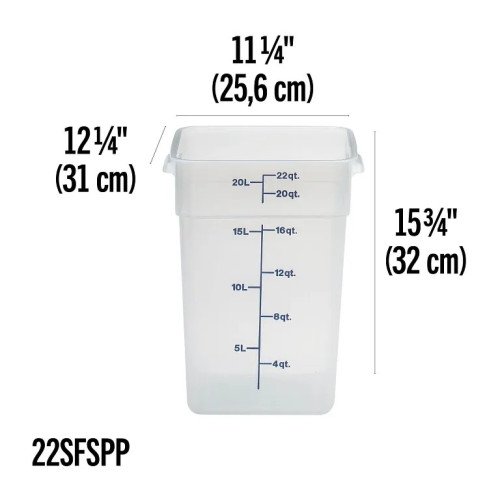 Cambro 22SFSPP190 CamSquares® Storage Container, 22qt, Square, Translucent, Polypropylene, 12-1/4(w) x 12-1/4(d) x 15-3/4(h) inch, NSF Listed - 6 each